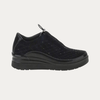 Beviá black suede and laminated synthetic leather slip-on sneakers with embroidered details and 5cm EVA sole.