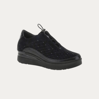 Beviá black suede and laminated leather slip-on sneaker with embroidered detailing and adjustable drawstring closure.
