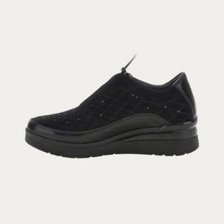 Beviá black suede and laminated leather slip-on sneaker with quilted embroidery and adjustable drawstring closure