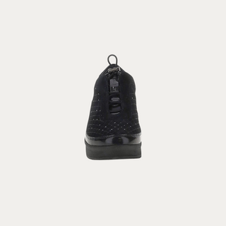 Beviá black suede and laminated leather slip-on shoes with embroidered details, drawstring closure, and EVA sole.