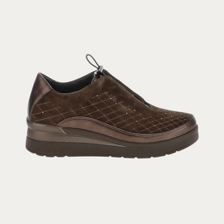 Beviá brown suede and laminated leather slip-on sneakers with quilted embroidery and adjustable drawstring closure