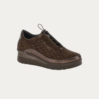 Beviá brown suede and laminated leather slip-on sneaker with quilted embroidery, drawstring closure, and EVA sole.