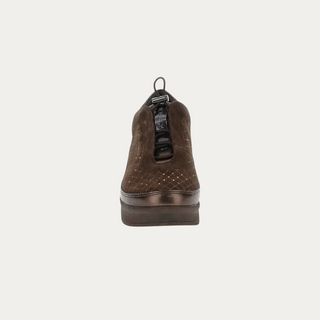 Beviá brown suede slip-on shoes with quilted embroidery, adjustable drawstring closure, and 5cm platform EVA sole.
