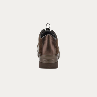 Beviá brown suede and laminated leather slip-on shoe with embroidered detail and 5cm EVA platform sole