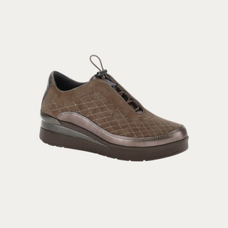 Beviá grey suede and laminated leather slip-on sneakers with quilted embroidery, adjustable toggle, and EVA sole.