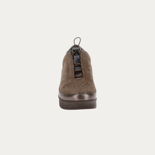 Beviá grey suede and laminated leather slip-on sneaker with embroidered detailing and adjustable drawstring closure.