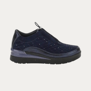 Beviá blue suede and laminated leather slip-on sneakers with embroidered quilted detail and 5cm EVA platform sole.