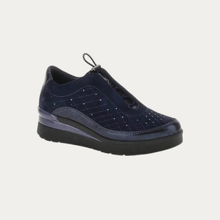 Beviá blue suede and laminated leather slip-on sneaker with embroidered details and adjustable drawstring closure.