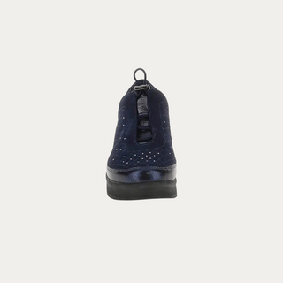 Beviá blue suede and laminated leather slip-on sneakers with embroidered details and a 5cm EVA platform sole.
