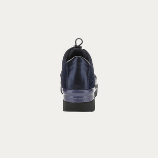 Beviá blue suede and laminated leather slip-on shoe with embroidered detail and comfortable EVA platform sole