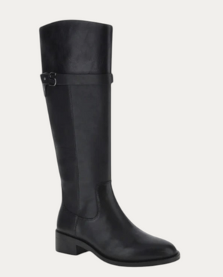 Beviá Alicia 4 black knee-high leather boots with low heel, side strap detail, and metallic S logo accent.
