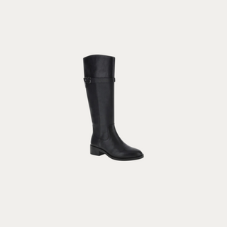 Beviá Alicia 4 black knee-high leather boots with low heel, side strap detail, and metallic S logo accent.