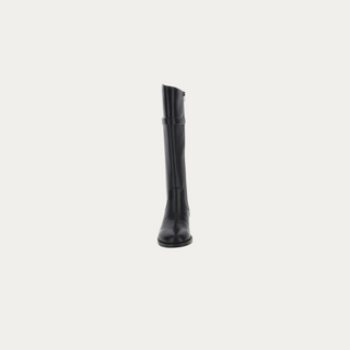 Beviá Alicia 4 black leather knee-high boots with a low heel, side zipper, and metallic S logo detail.