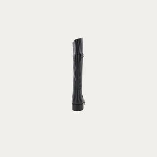 Bevia Alicia 4 black leather high boots with side zipper, low heel, and metallic S logo detail.