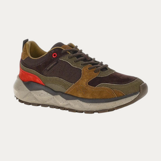 Zapatillas Beviá FUJI MAN 1 en ante y tela marrón con suela de plataforma geométrica y detalles en rojo