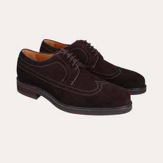 Beviá dark brown suede wingtip brogues with Goodyear welt construction and rubber sole, made in Spain.