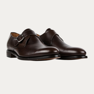 Beviá moka brown vegan leather single monk strap dress shoes with a silver buckle and refined silhouette.