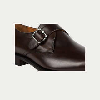 Beviá vegan monk strap shoe in moka brown with a single silver buckle and refined leather-look finish