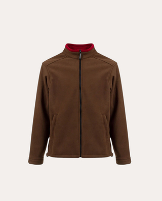 Cazadora polar Beviá marrón chocolate con cuello rojo, cortavientos, impermeable y transpirable con cremalleras YKK.