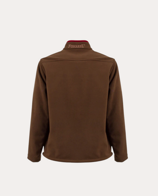 Vista trasera de la cazadora polar Beviá color marrón chocolate con cuello en contraste y logo bordado