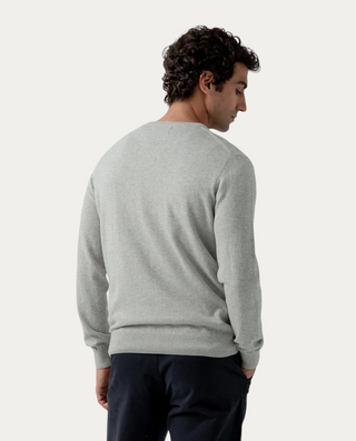 Jersey Beviá de algodón gris con cuello de pico y manga larga, vista posterior sobre modelo masculino