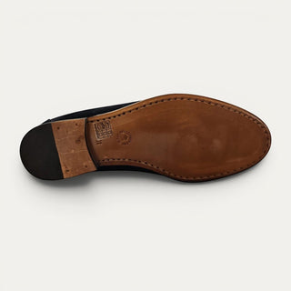 Suela de mocasín de ante azul marino con antifaz para hombre Beviá, calzado artesanal de piel fabricado en España